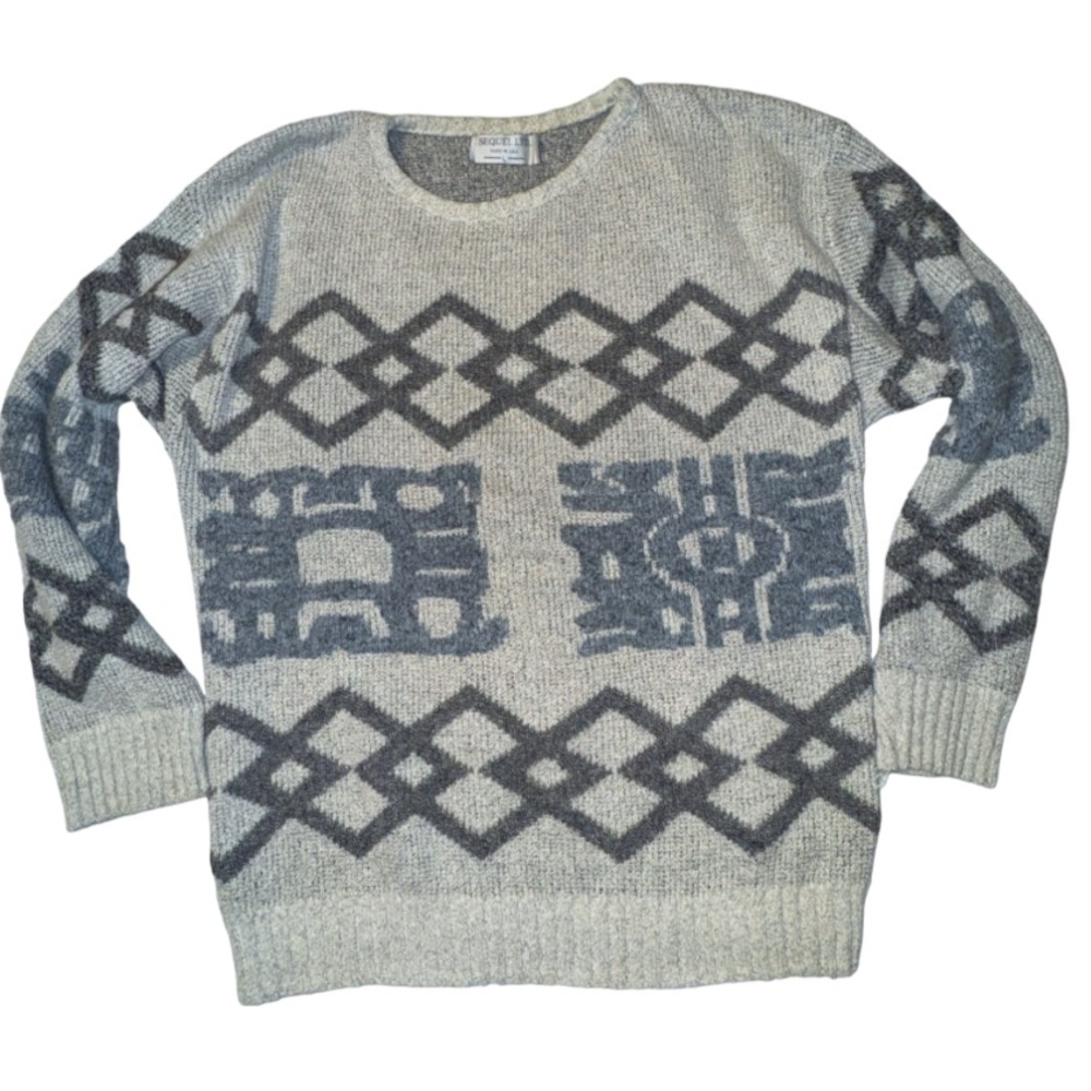 Vintage Tribal Sequel LTD Knit Sweater Made in the Usa L White Grey